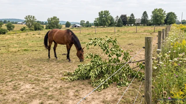 A horse grazing a short overgrazed paddock with a fallen leafy branch lying inside the fence line and tall flowering weeds along the boundary