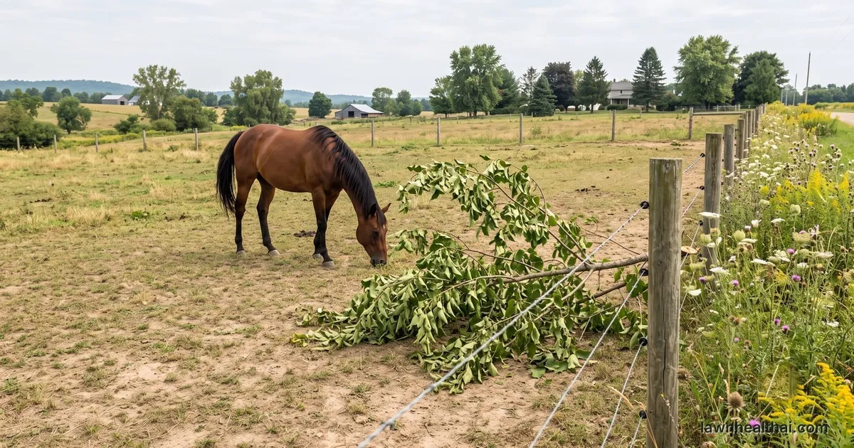 A horse grazing a short overgrazed paddock with a fallen leafy branch lying inside the fence line and tall flowering weeds along the boundary