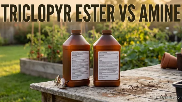Two unbranded amber herbicide concentrate bottles side by side on a weathered wooden bench, both turned so their back label panels face the camera, a pair of reading glasses resting against one, with a raised vegetable bed of tomato plants and terracotta pots soft in the background, and the words “Triclopyr Ester vs Amine” set across the top