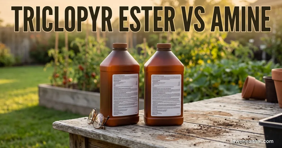 Two unbranded amber herbicide concentrate bottles side by side on a weathered wooden bench, both turned so their back label panels face the camera, a pair of reading glasses resting against one, with a raised vegetable bed of tomato plants and terracotta pots soft in the background, and the words “Triclopyr Ester vs Amine” set across the top