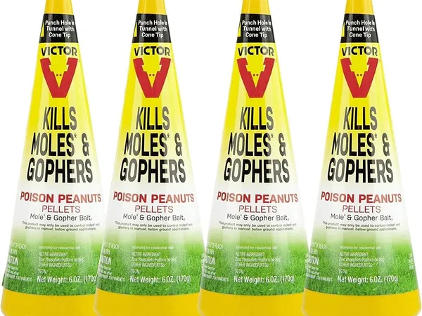 Victor Outdoor Mole & Gopher Poison Peanuts (paquete de 4) — fotografía de producto del cebo de grano con fosfuro de zinc sobre fondo liso
