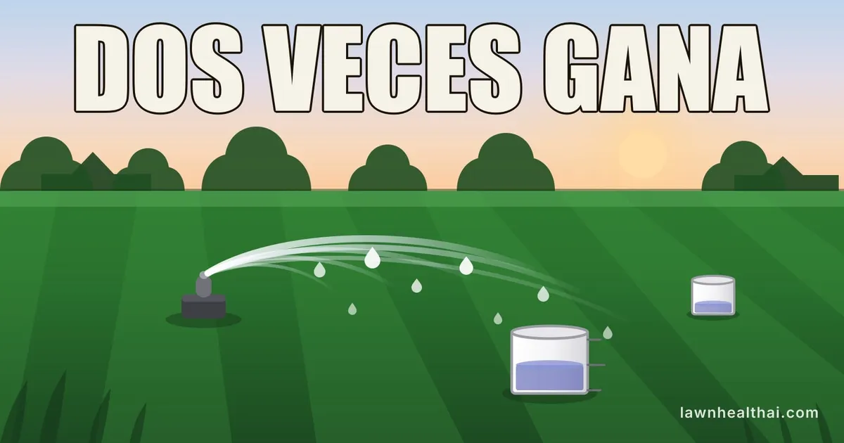 Ilustración de un aspersor de césped al amanecer lanzando agua sobre un césped verde con franjas, con dos latas de lados rectos sobre la hierba — la más cercana con notablemente más agua que la lejana, con las palabras “DOS VECES GANA” dispuestas en la parte superior del encuadre