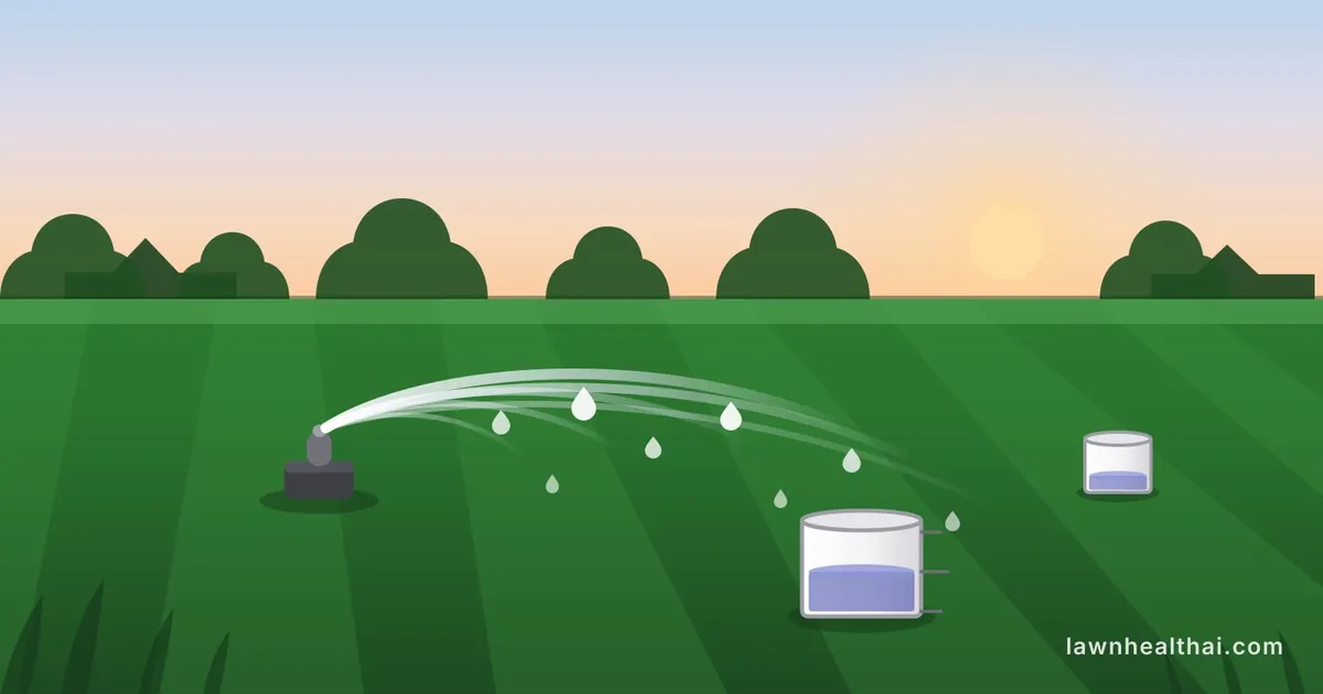 Illustration of a lawn sprinkler at dawn arcing water across striped green turf, with two straight-sided catch cans on the grass — the near one holding noticeably more water than the far one