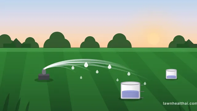 Illustration of a lawn sprinkler at dawn arcing water across striped green turf, with two straight-sided catch cans on the grass — the near one holding noticeably more water than the far one
