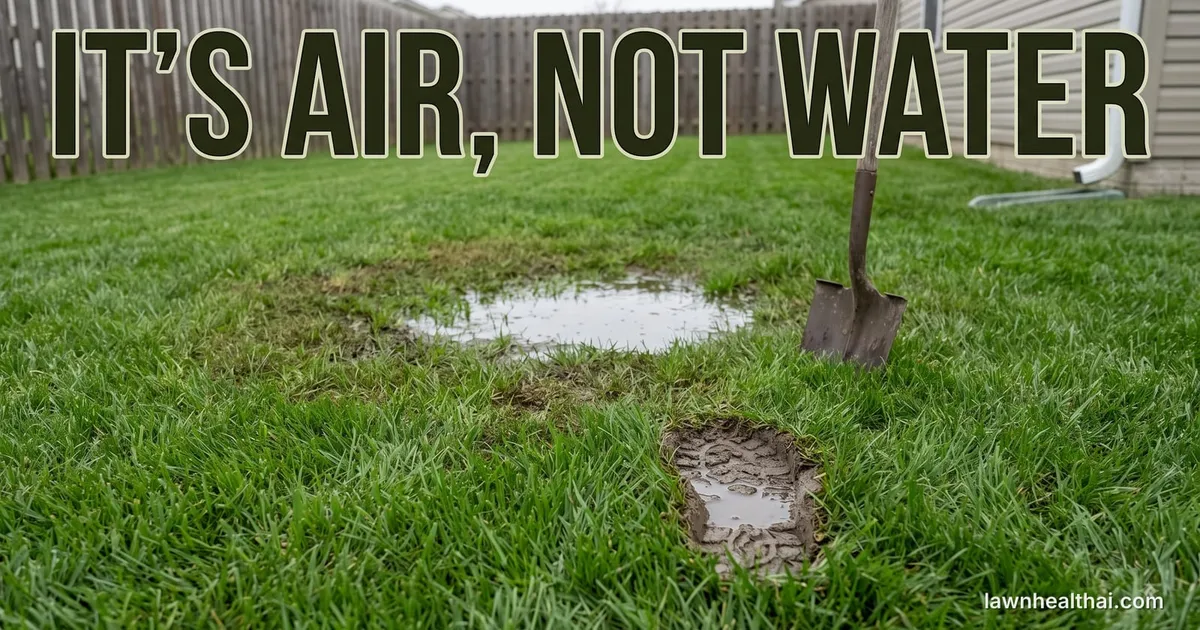 A shallow puddle standing in a low spot of an otherwise green lawn beside a house downspout, a spade driven into the sodden ground and a water-filled boot print in the mud, with the words “It’s Air, Not Water” set across the top