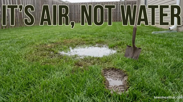A shallow puddle standing in a low spot of an otherwise green lawn beside a house downspout, a spade driven into the sodden ground and a water-filled boot print in the mud, with the words “It’s Air, Not Water” set across the top