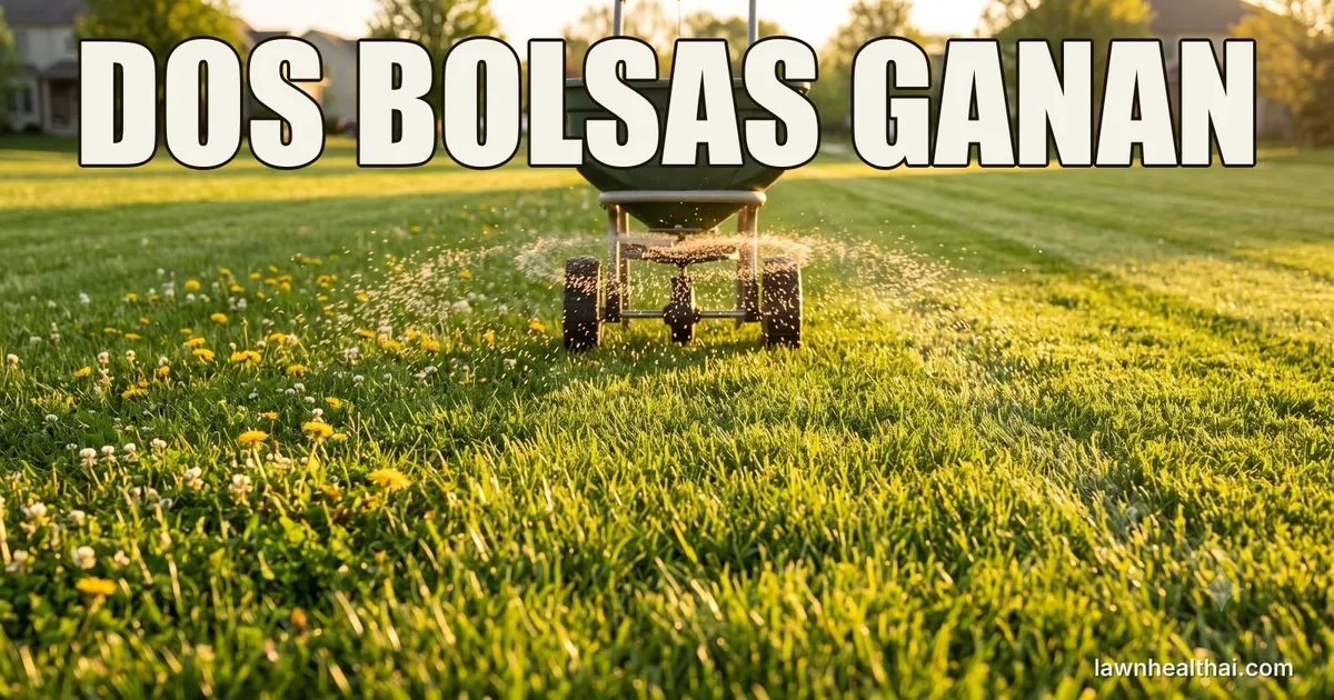 Un esparcidor centrífugo a media pasada sobre un césped suburbano con franjas al amanecer, con los gránulos abriéndose en abanico bajo la tolva, y dientes de león y trébol blanco sin tratar todavía en pie a un lado, con las palabras “DOS BOLSAS GANAN” dispuestas en la parte superior del encuadre