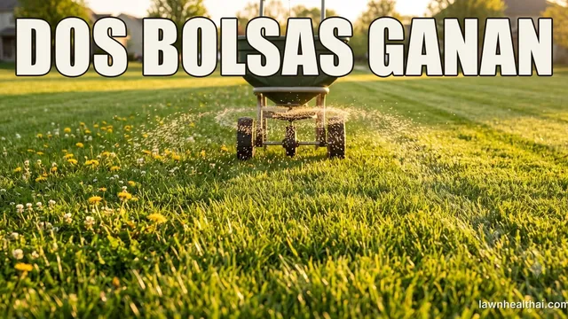 Un esparcidor centrífugo a media pasada sobre un césped suburbano con franjas al amanecer, con los gránulos abriéndose en abanico bajo la tolva, y dientes de león y trébol blanco sin tratar todavía en pie a un lado, con las palabras “DOS BOLSAS GANAN” dispuestas en la parte superior del encuadre