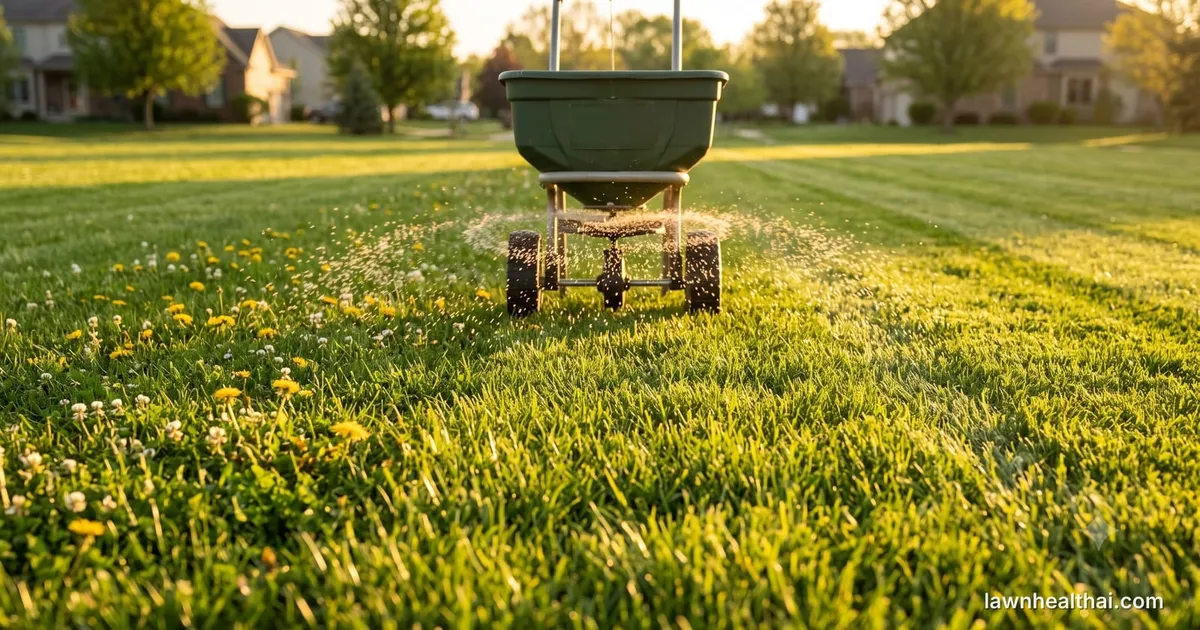 A broadcast spreader mid-pass across a striped suburban lawn at sunrise, granules fanning out beneath the hopper, with untreated dandelions and white clover still standing in the grass to one side