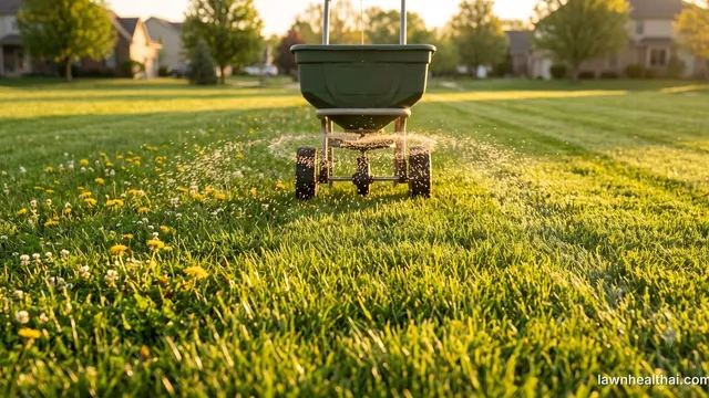 A broadcast spreader mid-pass across a striped suburban lawn at sunrise, granules fanning out beneath the hopper, with untreated dandelions and white clover still standing in the grass to one side