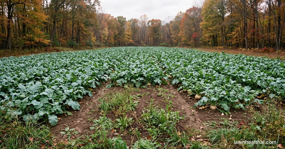 A brassica food plot of turnips and forage rape with broad leaves closing over the row middles, weeds visible in a thin patch at the edge