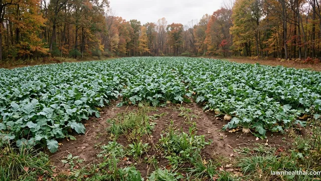 A brassica food plot of turnips and forage rape with broad leaves closing over the row middles, weeds visible in a thin patch at the edge