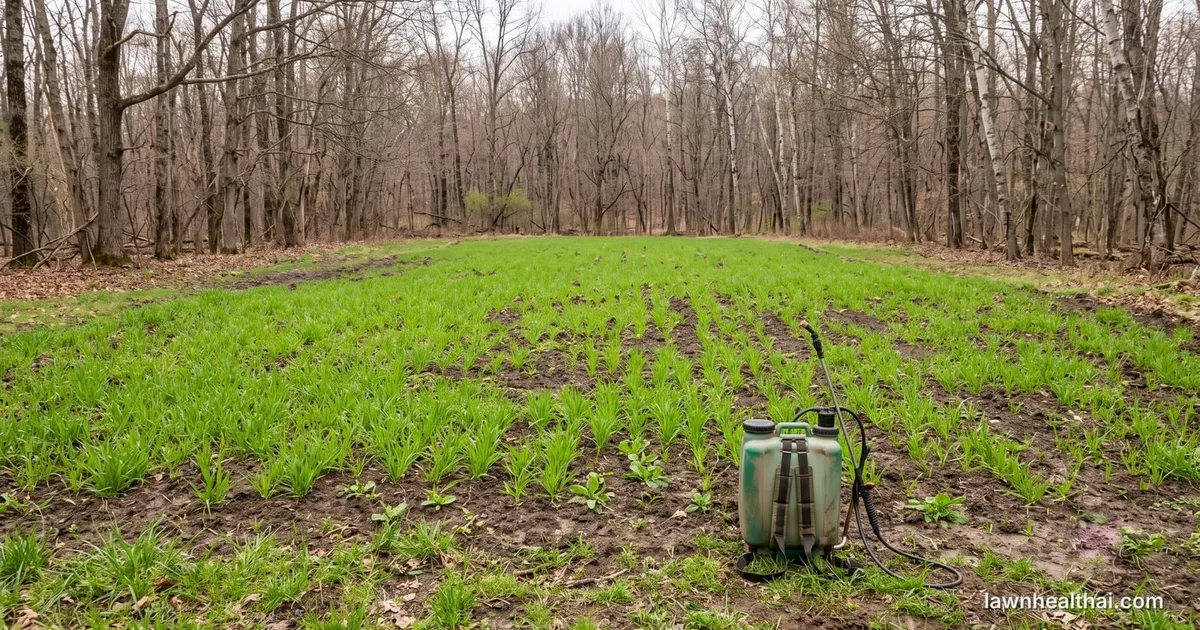 A young cereal food plot at the tillering stage in a woodland clearing, soil still visible between the rows, with broadleaf weeds coming through and a backpack sprayer standing in the plot