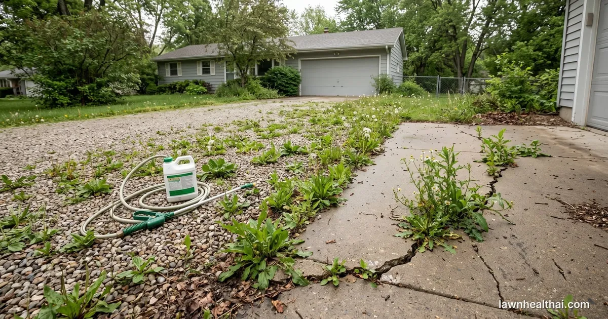 Weeds growing through a gravel driveway and out of cracks in adjacent concrete, with a ready-to-use spray wand resting on the gravel