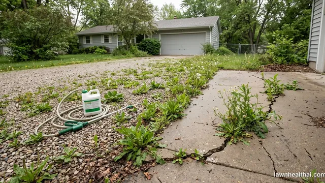 Weeds growing through a gravel driveway and out of cracks in adjacent concrete, with a ready-to-use spray wand resting on the gravel