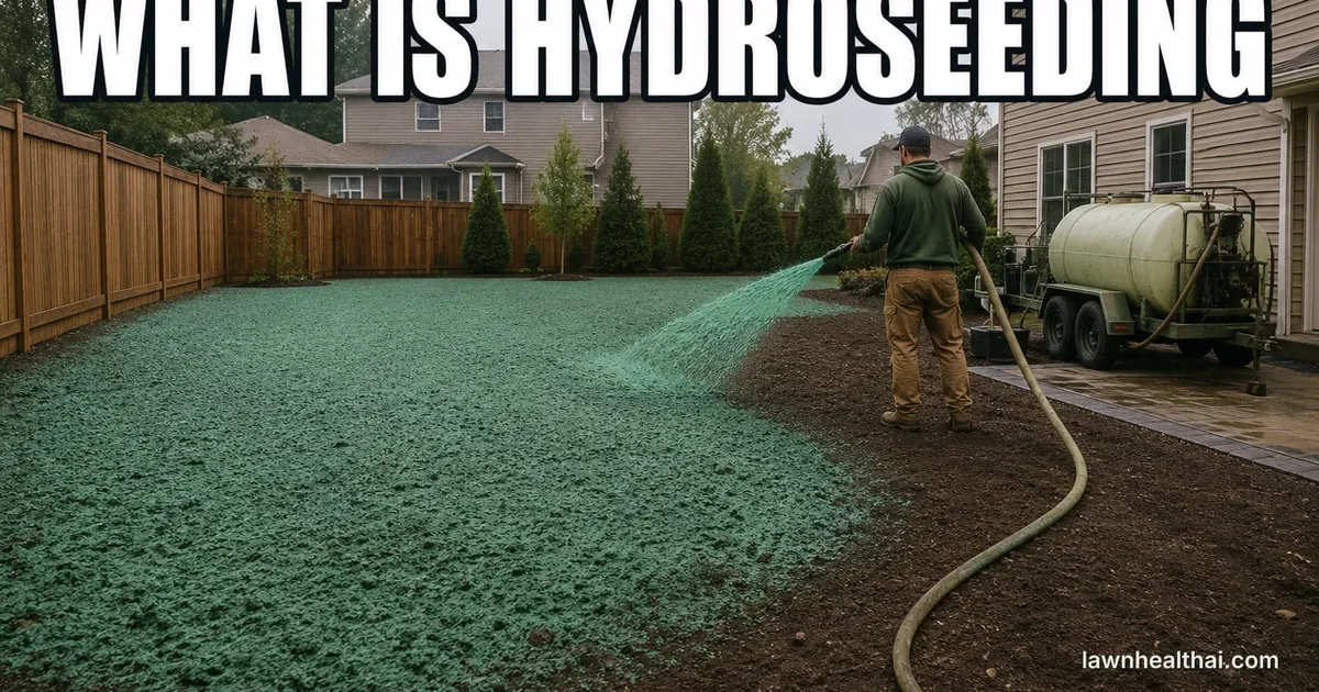 A worker seen from behind spraying bright green hydroseed slurry from a hose onto bare graded soil in a fenced backyard, half the ground already coated in the wet mulch layer and half still dark dirt, with an unbranded tank trailer rig parked on the drive beside the house, and the words “What Is Hydroseeding” set across the top