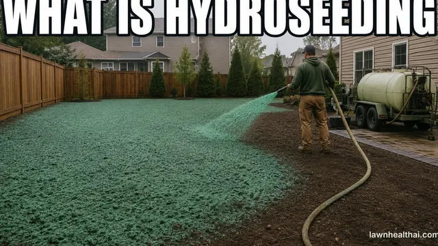 A worker seen from behind spraying bright green hydroseed slurry from a hose onto bare graded soil in a fenced backyard, half the ground already coated in the wet mulch layer and half still dark dirt, with an unbranded tank trailer rig parked on the drive beside the house, and the words “What Is Hydroseeding” set across the top