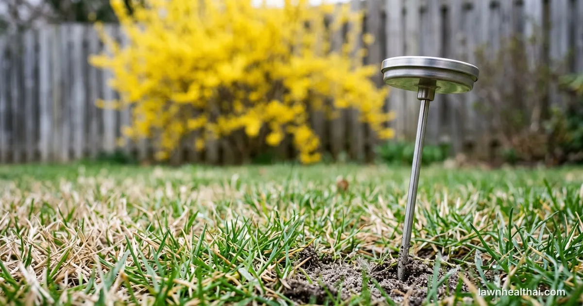 A dial soil thermometer pushed into an early spring lawn, its face angled away from the camera, with a forsythia bush in full yellow bloom along the fence line behind it