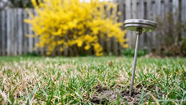 A dial soil thermometer pushed into an early spring lawn, its face angled away from the camera, with a forsythia bush in full yellow bloom along the fence line behind it
