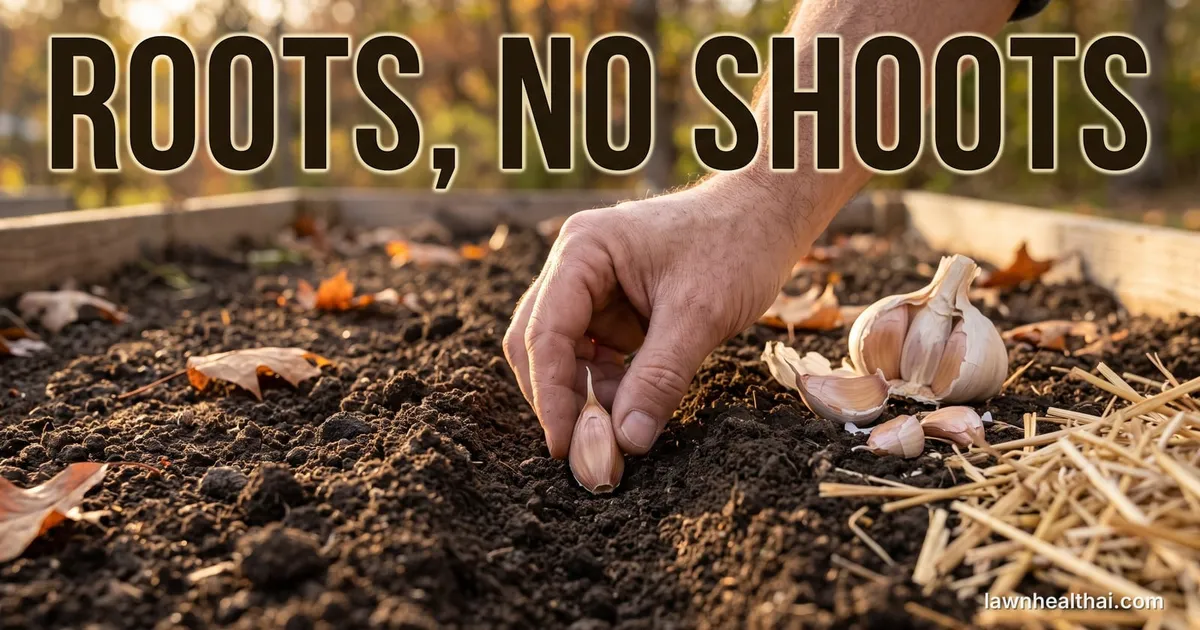 A gardener's hand setting a single unpeeled garlic clove pointed end up into loose dark autumn soil, with a cracked-open bulb, scattered cloves and loose straw beside it in low October light, and the words “ROOTS, NO SHOOTS” set across the top of the frame