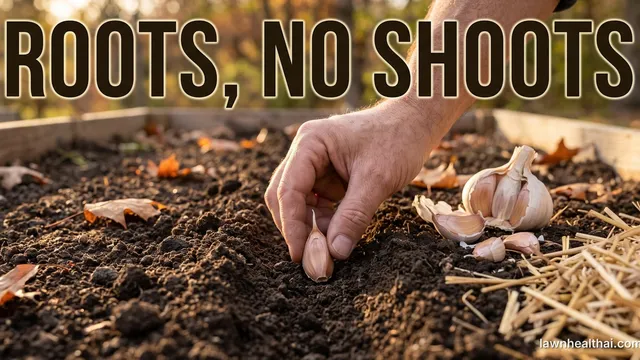 A gardener's hand setting a single unpeeled garlic clove pointed end up into loose dark autumn soil, with a cracked-open bulb, scattered cloves and loose straw beside it in low October light, and the words “ROOTS, NO SHOOTS” set across the top of the frame