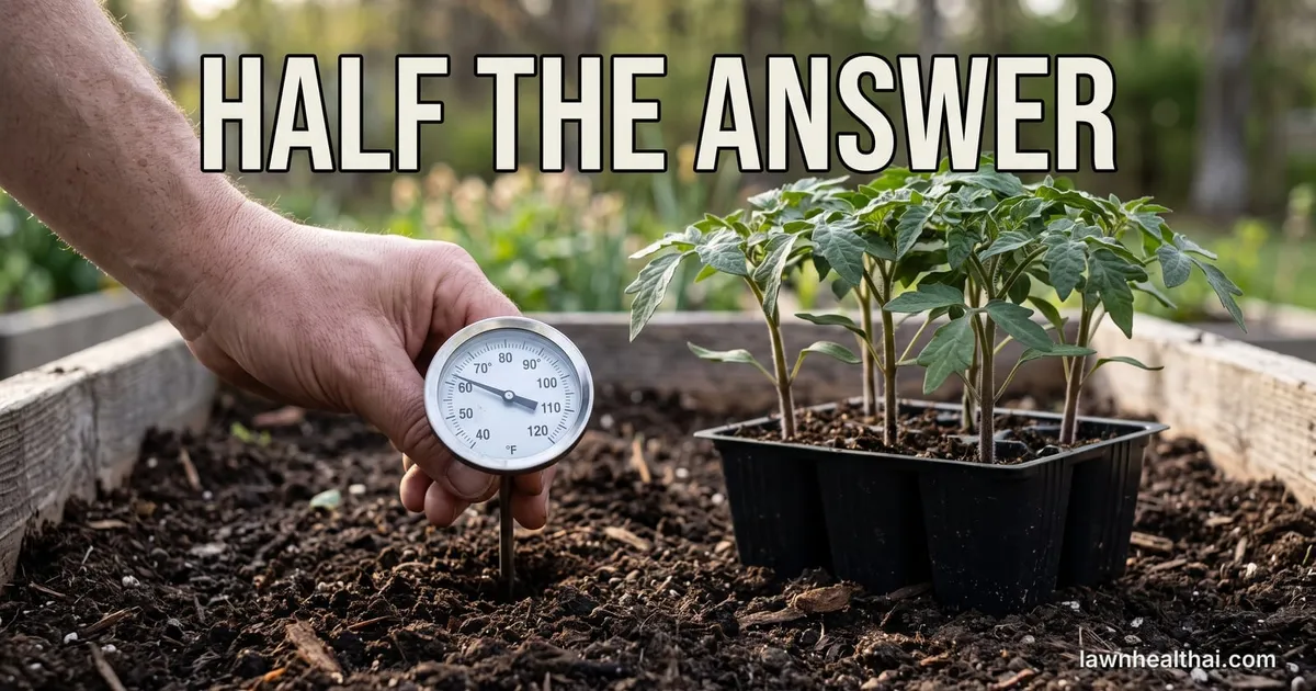 A gardener's hand pressing a stainless soil thermometer into a prepared raised bed beside a tray of stocky tomato transplants, morning light, dial reading just above 60 degrees, with the words “HALF THE ANSWER” set across the top of the frame