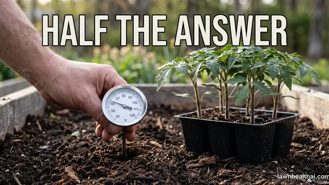 A gardener's hand pressing a stainless soil thermometer into a prepared raised bed beside a tray of stocky tomato transplants, morning light, dial reading just above 60 degrees, with the words “HALF THE ANSWER” set across the top of the frame
