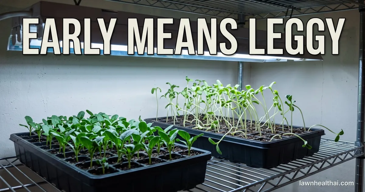 Two seed trays side by side under a fluorescent shop light on a basement wire shelf: one of short stocky dark green vegetable seedlings and one of tall pale leggy seedlings flopping sideways, with the words “EARLY MEANS LEGGY” set across the top of the frame