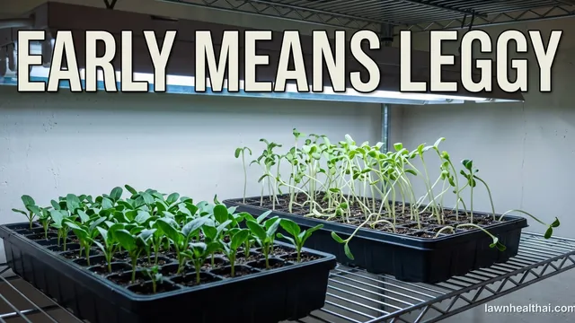Two seed trays side by side under a fluorescent shop light on a basement wire shelf: one of short stocky dark green vegetable seedlings and one of tall pale leggy seedlings flopping sideways, with the words “EARLY MEANS LEGGY” set across the top of the frame
