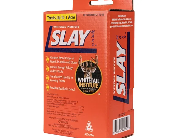 Whitetail Institute Slay Selective Broadleaf Herbicide — fotografía de producto del herbicida selectivo para hoja ancha en parcelas de leguminosas sobre fondo liso