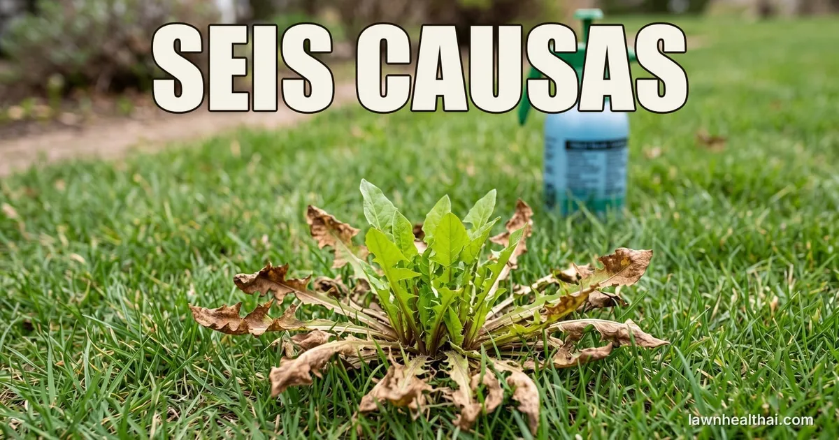 Un diente de león en un césped cuyas hojas exteriores se han vuelto marrones y se han desplomado mientras hojas verdes nuevas rebrotan desde el centro de la corona, con un pulverizador de mano sobre la hierba al fondo, con las palabras “SEIS CAUSAS” dispuestas en la parte superior del encuadre