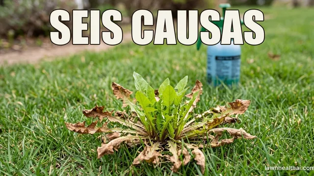 Un diente de león en un césped cuyas hojas exteriores se han vuelto marrones y se han desplomado mientras hojas verdes nuevas rebrotan desde el centro de la corona, con un pulverizador de mano sobre la hierba al fondo, con las palabras “SEIS CAUSAS” dispuestas en la parte superior del encuadre