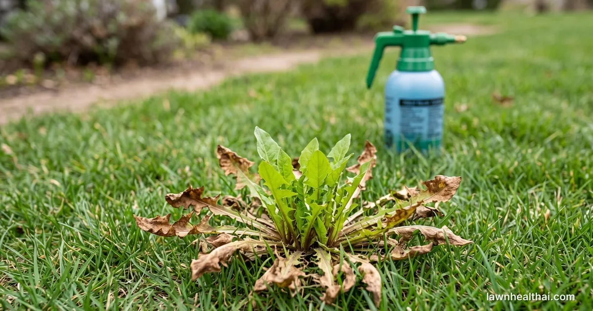 A dandelion in a lawn whose outer leaves have browned and collapsed while fresh green leaves regrow from the centre of the crown, a hand pump sprayer on the grass behind it