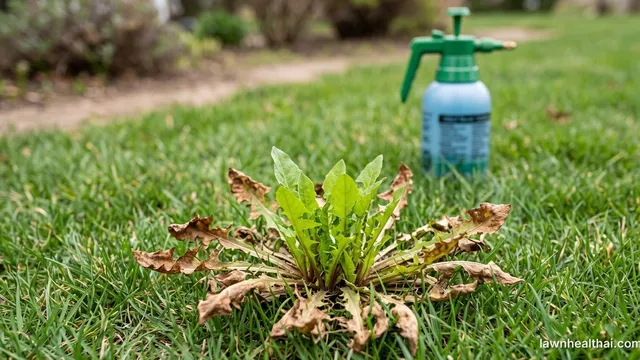A dandelion in a lawn whose outer leaves have browned and collapsed while fresh green leaves regrow from the centre of the crown, a hand pump sprayer on the grass behind it