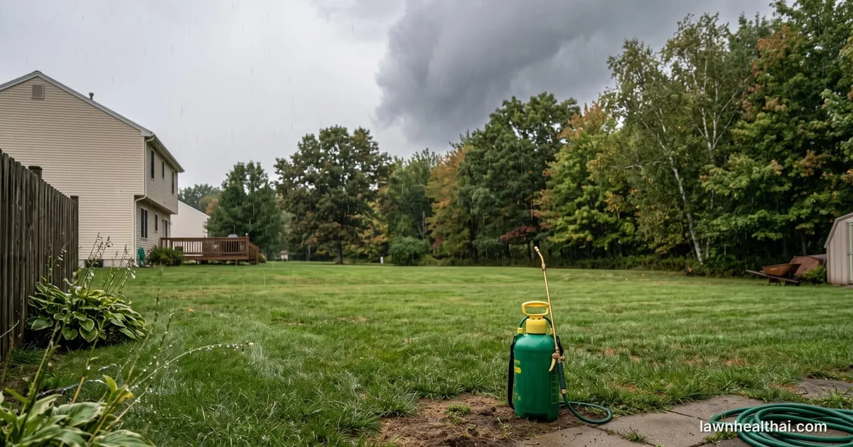 Rain beginning to fall on a lawn with a pump sprayer standing on the grass and dark cloud over the treeline behind