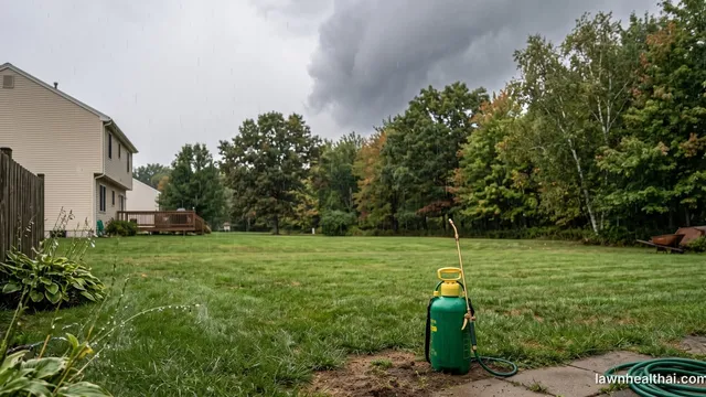 Rain beginning to fall on a lawn with a pump sprayer standing on the grass and dark cloud over the treeline behind