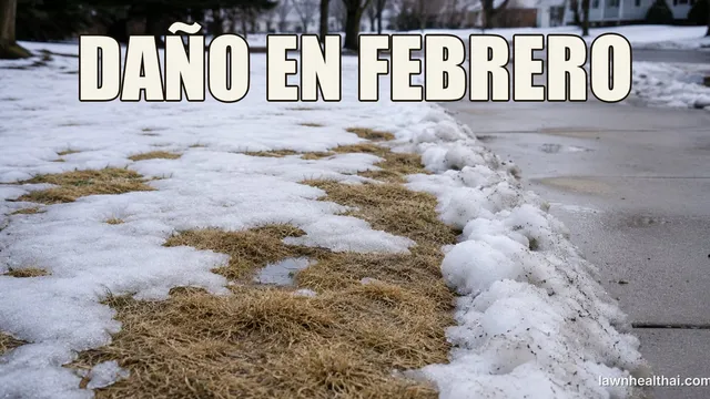 Un césped dormido color paja al final del invierno con nieve derritiéndose a parches, un camino pavimentado a un lado y árboles sin hojas al fondo, con las palabras “DAÑO EN FEBRERO” dispuestas en la parte superior del encuadre