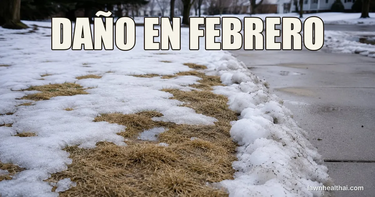 Un césped dormido color paja al final del invierno con nieve derritiéndose a parches, un camino pavimentado a un lado y árboles sin hojas al fondo, con las palabras “DAÑO EN FEBRERO” dispuestas en la parte superior del encuadre