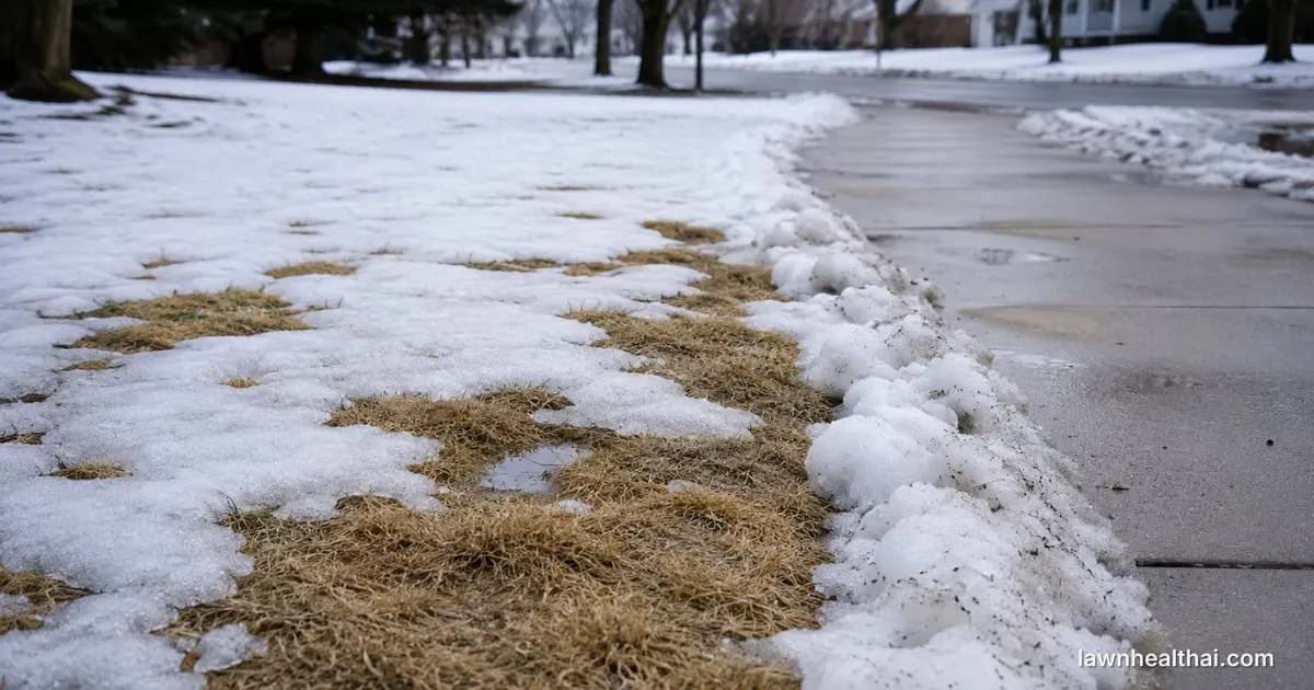 A dormant straw-coloured lawn in late winter with patchy melting snow, a paved path along one edge and bare trees behind
