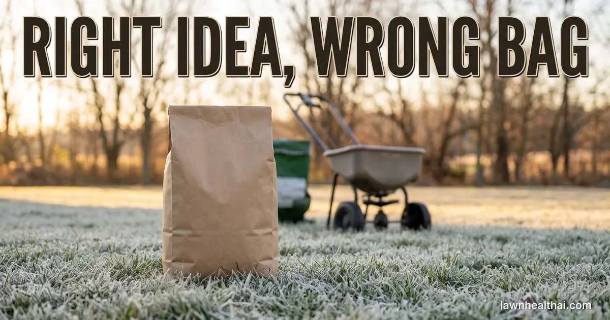 A plain unlabelled kraft paper fertiliser bag standing on frost-covered grass at sunrise, a green push spreader blurred behind it and bare trees on the horizon, with the words “Right Idea, Wrong Bag” set across the top — Delaware