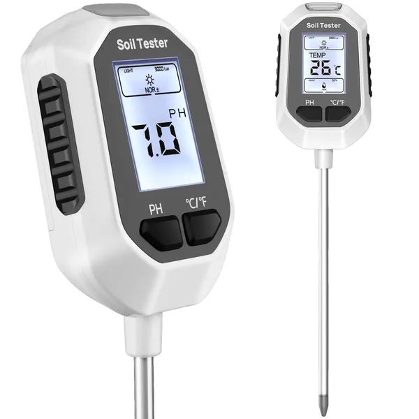 YAMRON 4-in-1 Soil Meter (Temperature, Moisture, pH, Light) — digital soil meter product photograph on a plain background