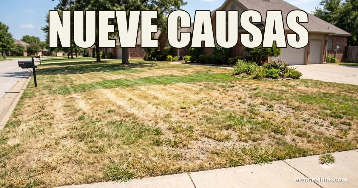 Un césped que pasa de verde sano en un lado a un verde amarillento pálido en el otro, sin un borde de mancha definido, con las palabras “NUEVE CAUSAS” dispuestas en la parte superior del encuadre