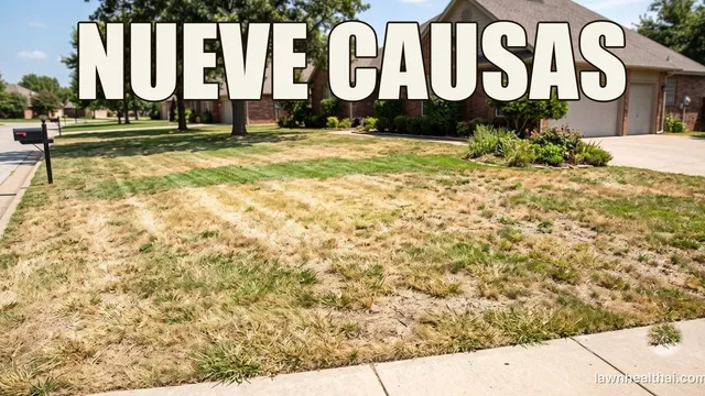 Un césped que pasa de verde sano en un lado a un verde amarillento pálido en el otro, sin un borde de mancha definido, con las palabras “NUEVE CAUSAS” dispuestas en la parte superior del encuadre