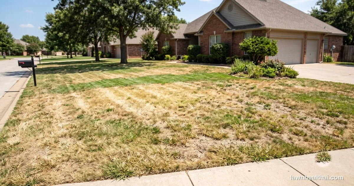 A lawn fading from healthy green on one side to pale yellow-green on the other, with no defined patch edge