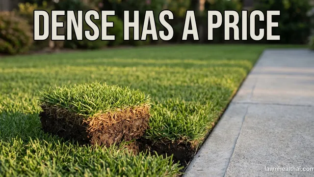 A dense fine-bladed zoysia lawn meeting a concrete path in a sharp mown edge, the turf so tight it reads like carpet, with a plug of it lifted at the front showing a thick brown thatch layer beneath the green, and the words “Dense Has a Price” set across the top of the frame
