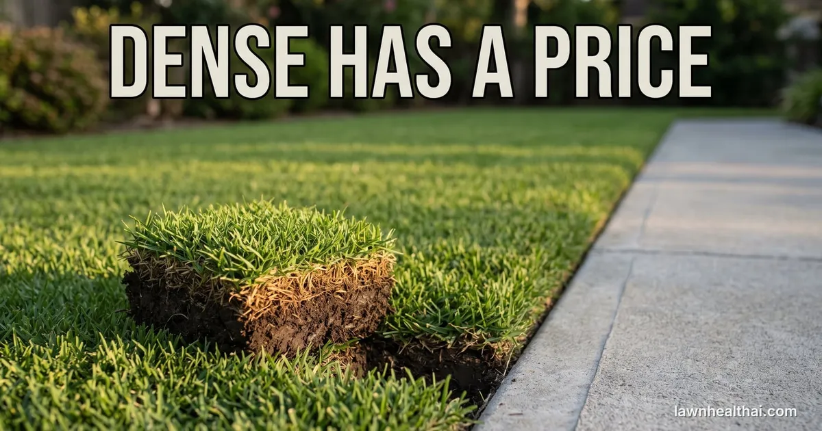 A dense fine-bladed zoysia lawn meeting a concrete path in a sharp mown edge, the turf so tight it reads like carpet, with a plug of it lifted at the front showing a thick brown thatch layer beneath the green, and the words “Dense Has a Price” set across the top of the frame